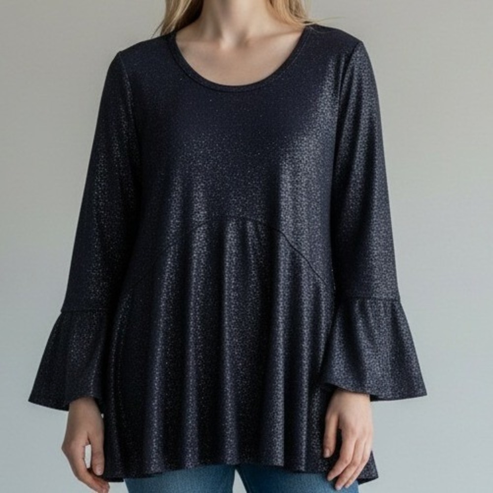 Cato Navy Blue Metallic‎ Shimmer Empire Waist Bell Sleeve Tunic Top Womens NWT